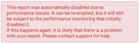 "This report was automatically disabled due to performance issues. It can be re-enabled, but it will still be subject to the performance monitoring that initially disabled it. If this happens again, it is likely that there is a problem with your report. Please contact support to help."
