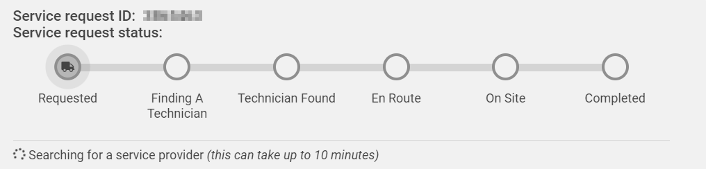 Service request status timeline showing order from Requested, to Finding A Technician, to Technician Found, to En Route, to On site, to Completed. 
